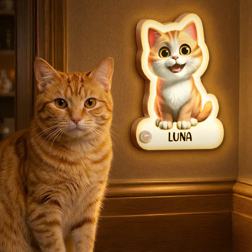 Pet Lovers,Playful,Vector - Cute 3D Effect Dog And Cat With Name - Personalized Motion Sensor Night Light