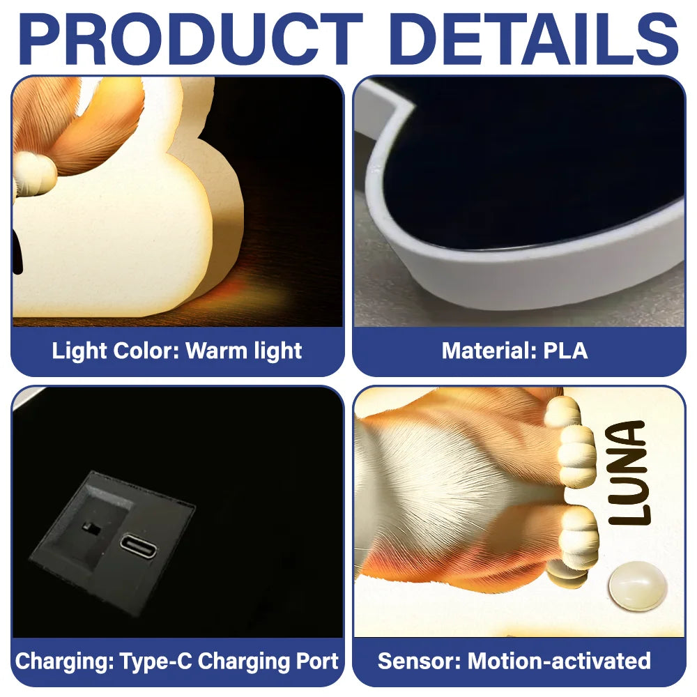 Pet Lovers,Playful,Vector - Cute 3D Effect Dog And Cat With Name - Personalized Motion Sensor Night Light