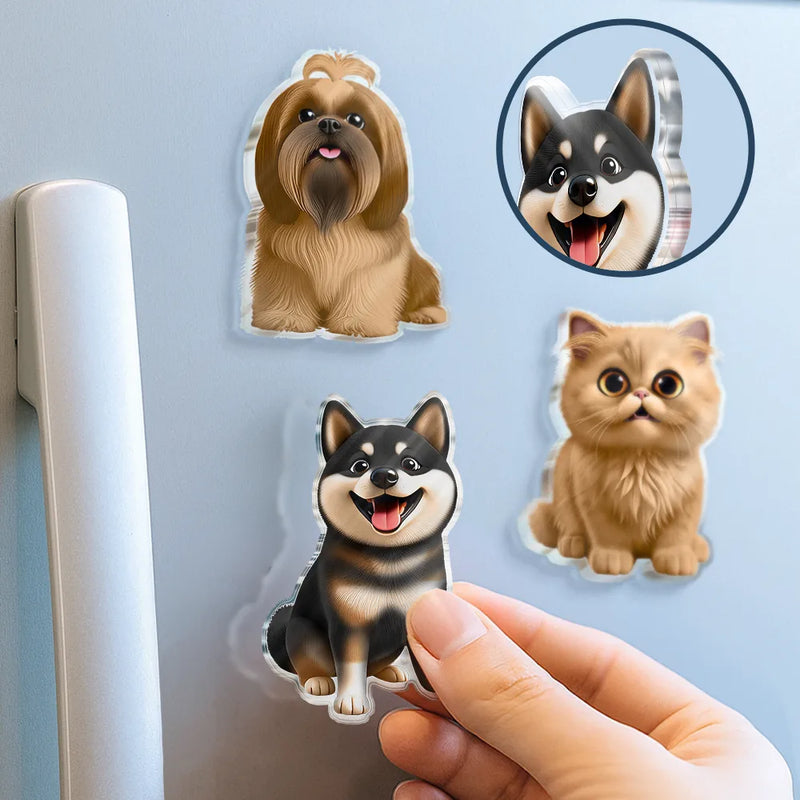 Pet Lovers, Cat Lovers, Dog Lovers, Non-Eng - Cute 3D Effect Dog And Cat With Name - Personalized Acrylic Fridge Magnet