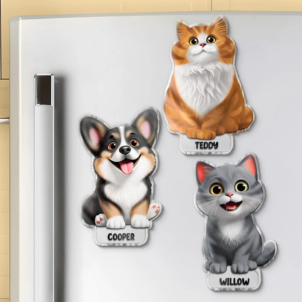 Pet Lovers, Cat Lovers, Dog Lovers, Non-Eng - Cute 3D Effect Dog And Cat With Name - Personalized Acrylic Fridge Magnet