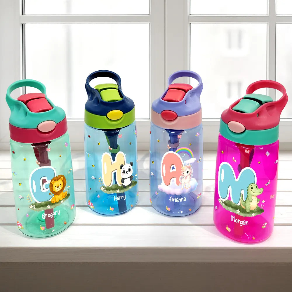 Back To School - Cute Animals with Letters - Personalized Kids Water Bottle With Straw