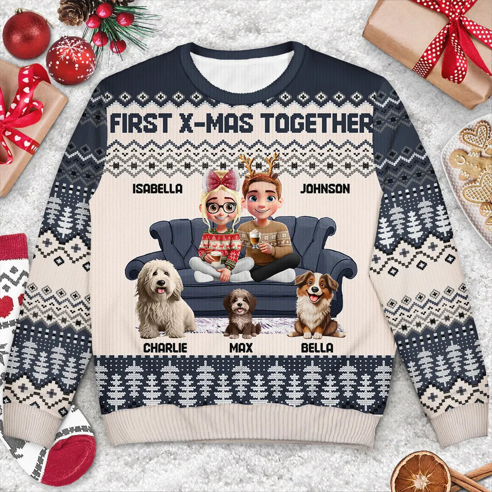Gift For Couples, Dog Lovers, Family, Parents, Happy, Christmas - Cute Couple With Kids And Dogs 3D Effect - Personalized Unisex Ugly Sweater