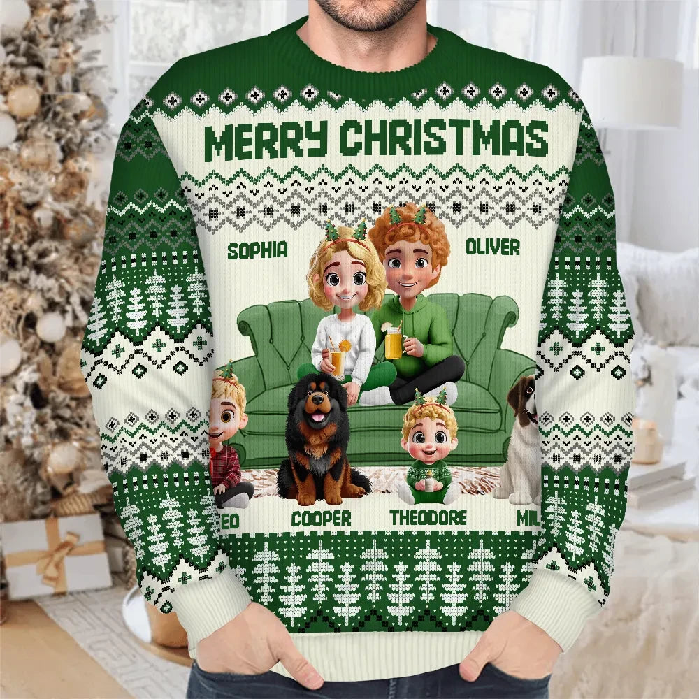 Gift For Couples, Dog Lovers, Family, Parents, Happy, Christmas - Cute Couple With Kids And Dogs 3D Effect - Personalized Unisex Ugly Sweater