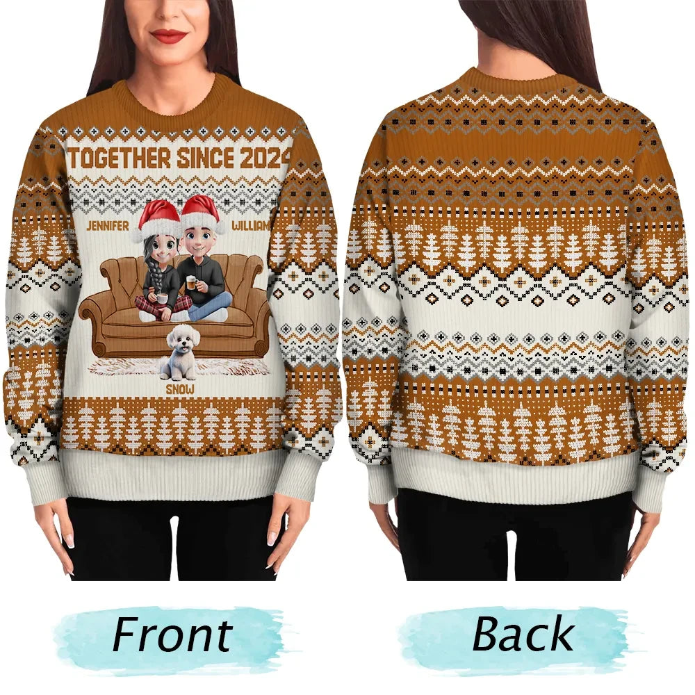 Gift For Couples, Dog Lovers, Family, Parents, Happy, Christmas - Cute Couple With Kids And Dogs 3D Effect - Personalized Unisex Ugly Sweater