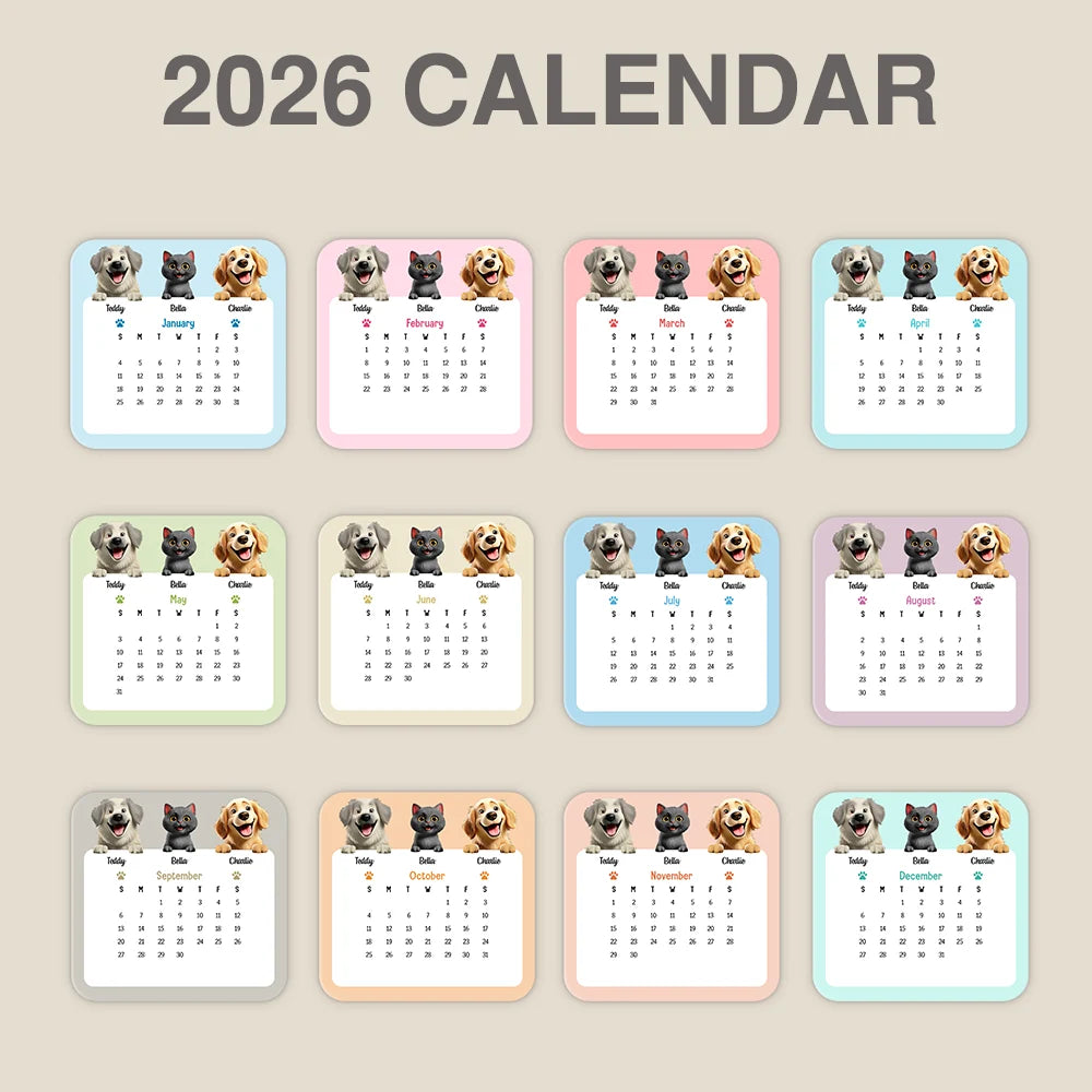 Christmas, Dog Lovers, Happy, Pet Lovers, Cat Lovers - Cute Dog And Cat 3D Effect 2026 - Personalized Calendar With Wooden Stand