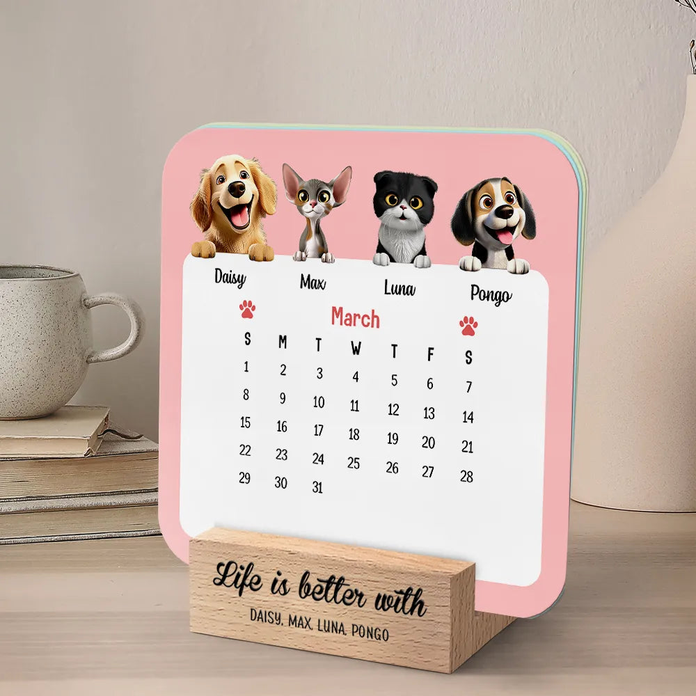 Christmas, Dog Lovers, Happy, Pet Lovers, Cat Lovers - Cute Dog And Cat 3D Effect 2026 - Personalized Calendar With Wooden Stand