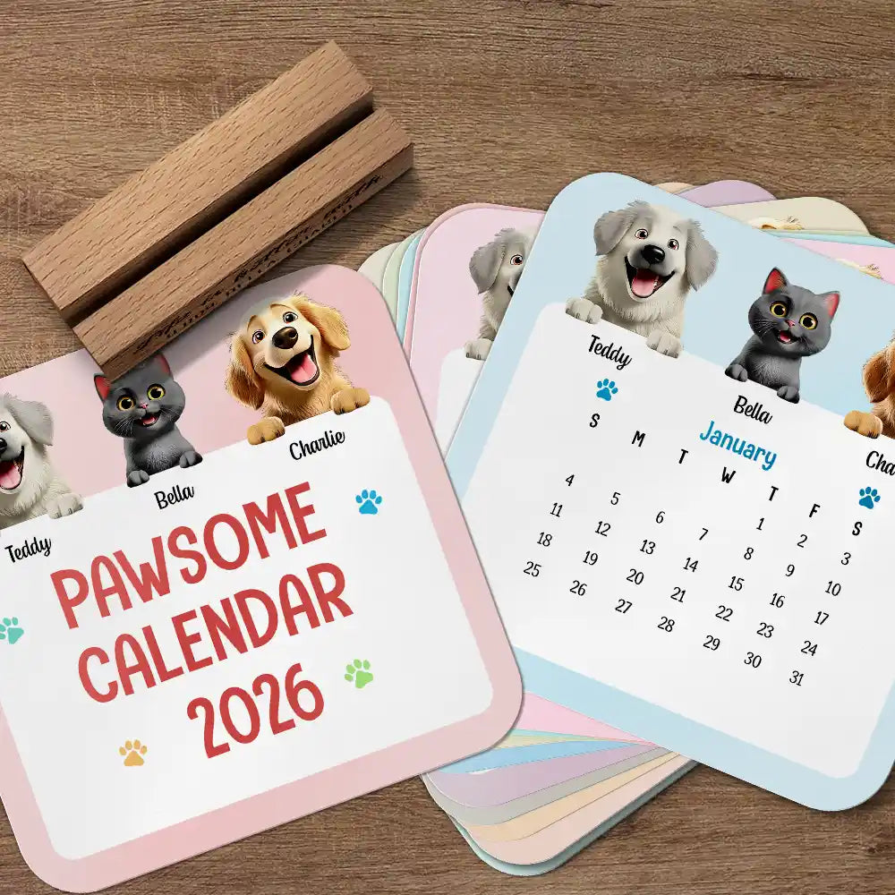 Christmas, Dog Lovers, Happy, Pet Lovers, Cat Lovers - Cute Dog And Cat 3D Effect 2026 - Personalized Calendar With Wooden Stand