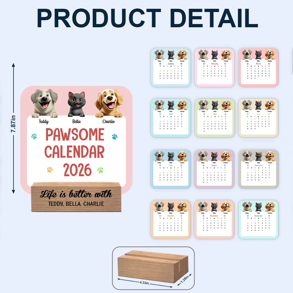 Christmas, Dog Lovers, Happy, Pet Lovers, Cat Lovers - Cute Dog And Cat 3D Effect 2026 - Personalized Calendar With Wooden Stand