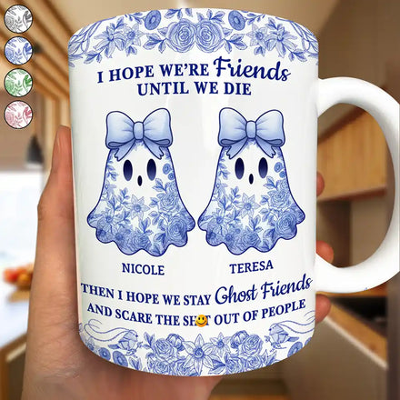 Tasse blanche personnalisée avec motif toile de Jouy et fantôme mignon, meilleure amie jusqu'à la mort