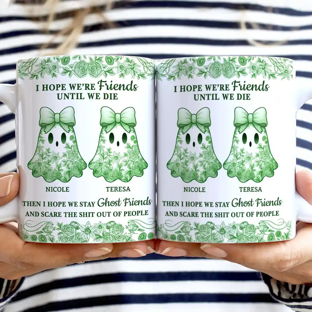 Halloween,Gift For Bestie,Funny - Cute Ghost Bestie Friends Until We Die Toile De Jouy Pattern - Personalized White Edge-to-Edge Mug