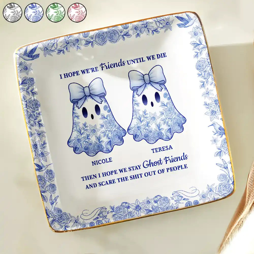 Halloween,Gift For Bestie,Old Best friends,Happy - Cute Ghost Bestie Friends Until We Die Toile De Jouy Pattern - Personalized Ring Dish