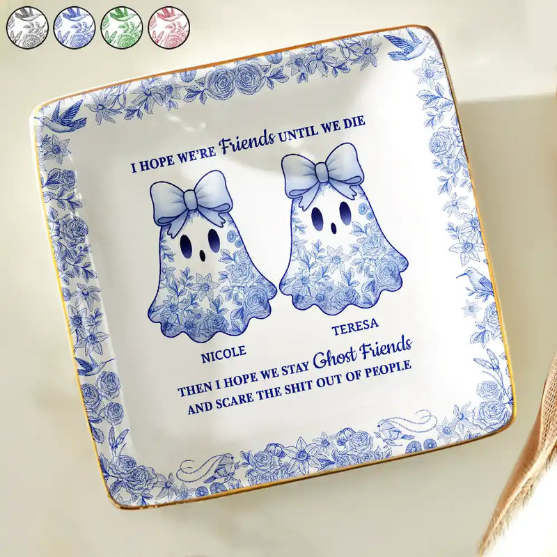 Halloween,Gift For Bestie,Old Best friends,Happy - Cute Ghost Bestie Friends Until We Die Toile De Jouy Pattern - Personalized Ring Dish