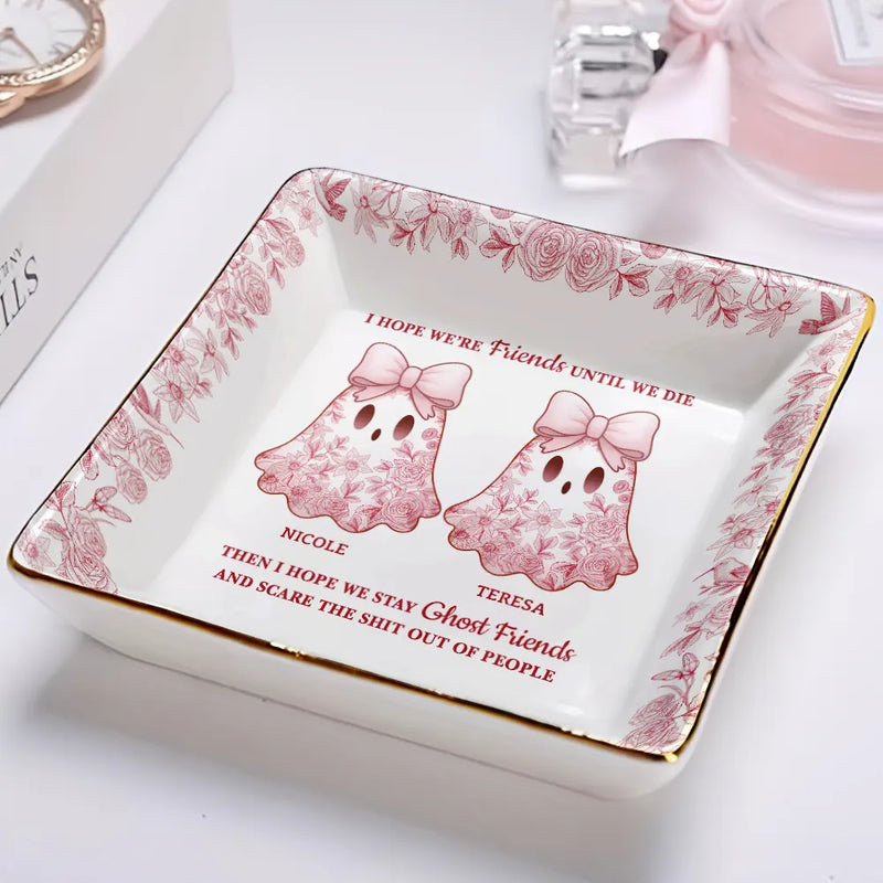 Halloween,Gift For Bestie,Old Best friends,Happy - Cute Ghost Bestie Friends Until We Die Toile De Jouy Pattern - Personalized Ring Dish