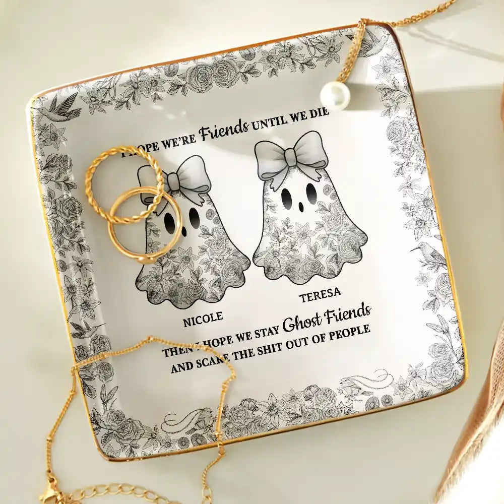 Halloween,Gift For Bestie,Old Best friends,Happy - Cute Ghost Bestie Friends Until We Die Toile De Jouy Pattern - Personalized Ring Dish
