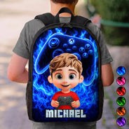 Top Market, Adorable, Back To School, Gift For Kids, Vector - Cute Kid Gamer With Neon Flames - Personalized Kids Backpack