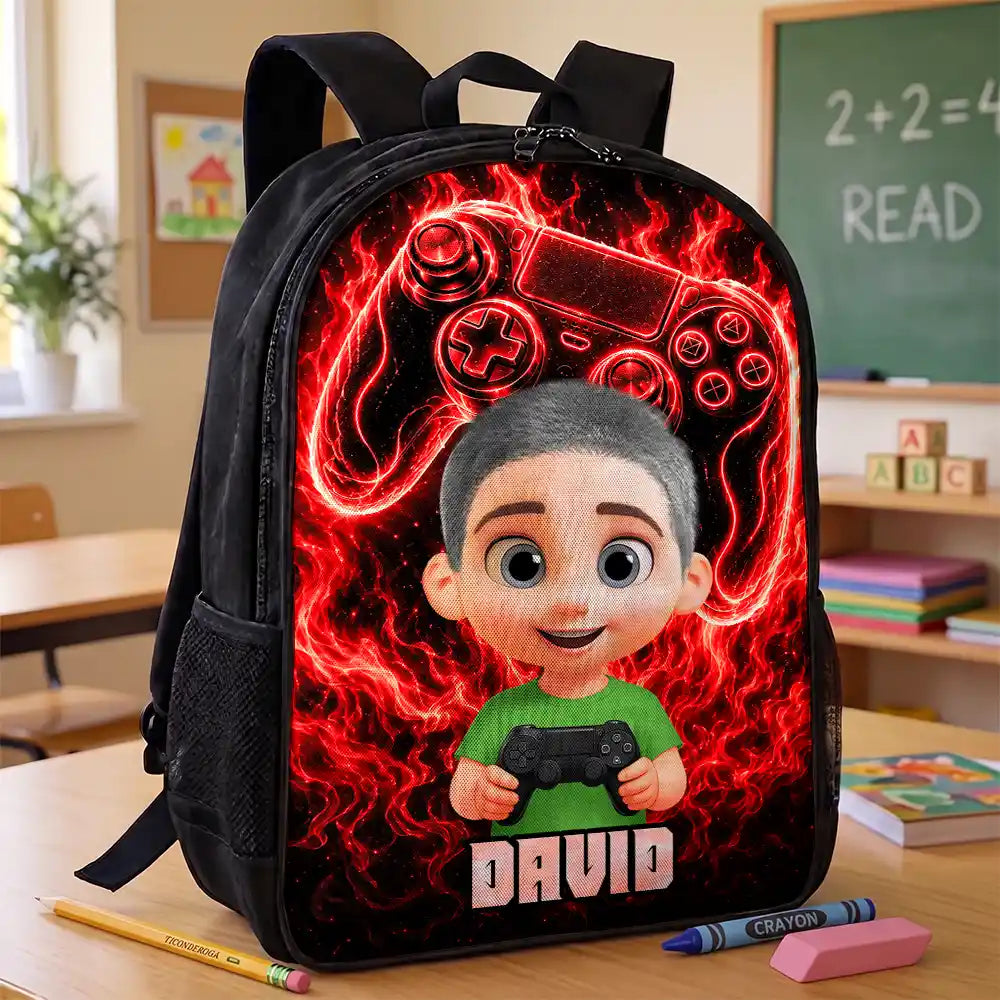 Top Market, Adorable, Back To School, Gift For Kids, Vector - Cute Kid Gamer With Neon Flames - Personalized Kids Backpack