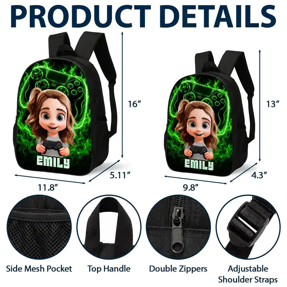 Top Market, Adorable, Back To School, Gift For Kids, Vector - Cute Kid Gamer With Neon Flames - Personalized Kids Backpack