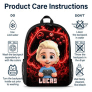 Top Market, Adorable, Back To School, Gift For Kids, Vector - Cute Kid Gamer With Neon Flames - Personalized Kids Backpack