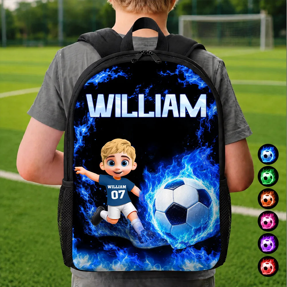 Cute Kid Soccer With Neon Flames - Personalized Kids Backpack