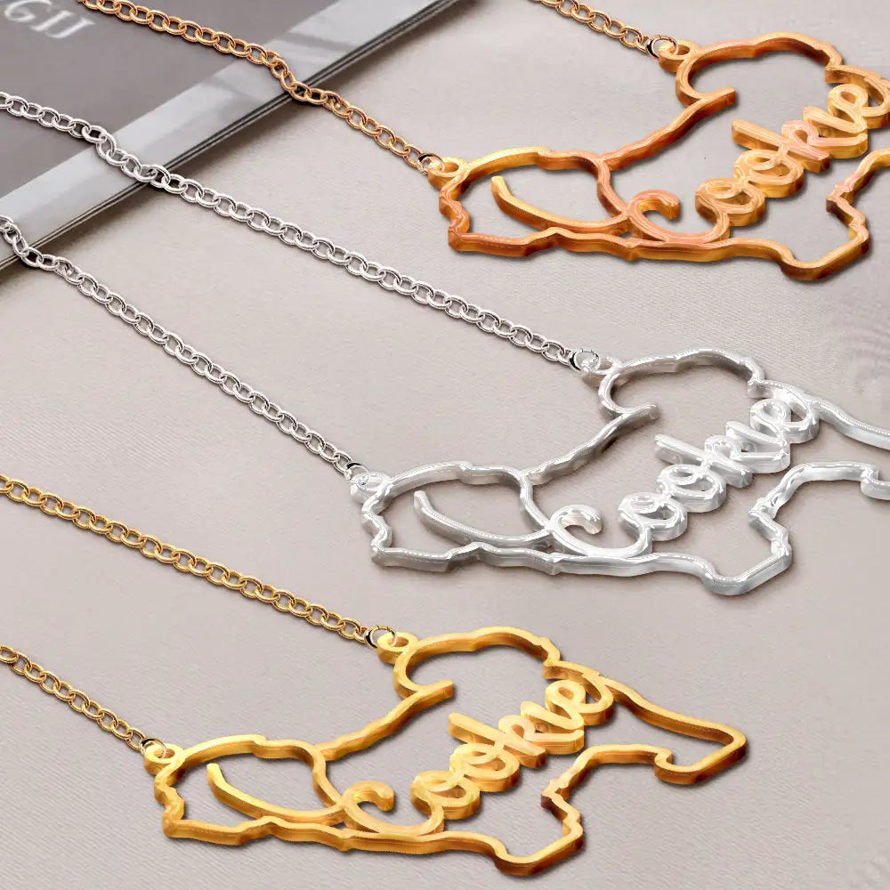 Dog Lovers, Dog Mom, Pet Lovers, Pet Mom, Love - Dog Shaped Line Art With Custom Name - Personalized Letter Necklace