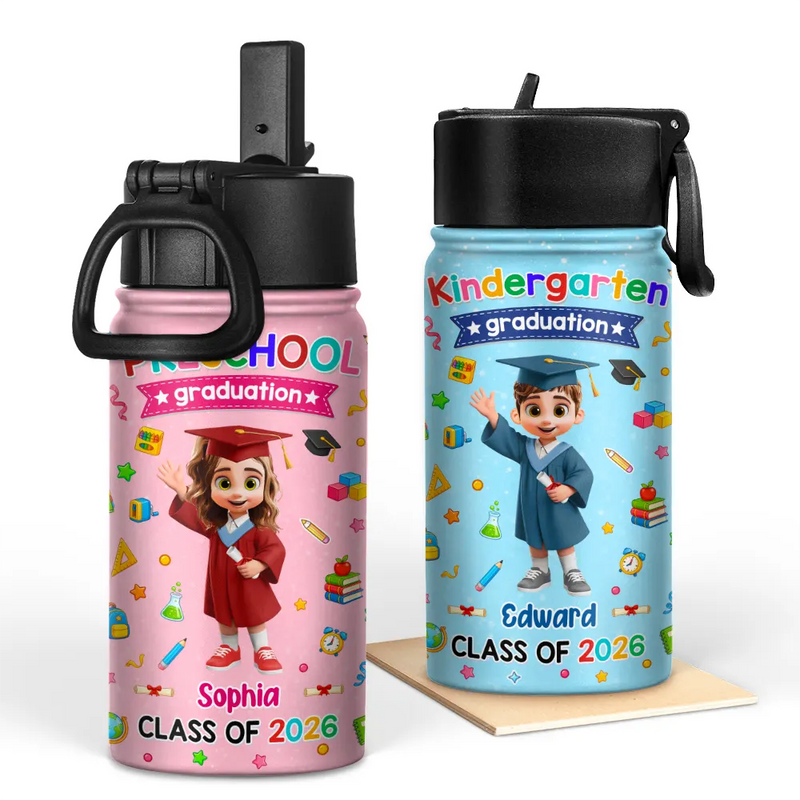 Graduation,Gift For Grandkids,Gift For Kids,Happy,Vector - Cute Graduation Kid Kindergarten Preschool - Personalized Kids Water Bottle