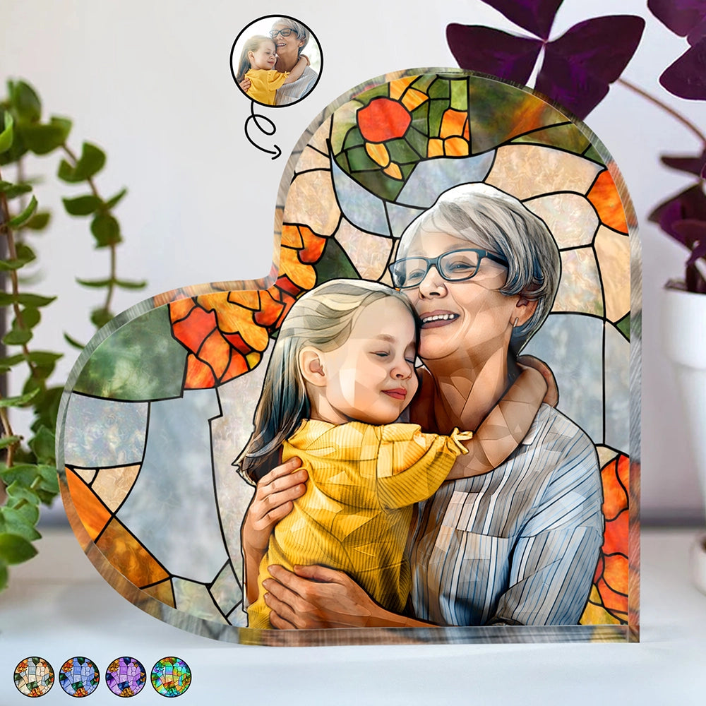 Gift For Wife,Gift For Mother,Gift For Grandma,Gift For Grandparents,Family,Love - Custom Photo Stained Glass Portrait Mom Grandma Parents Family - Personalized Heart Shaped Acrylic Plaque