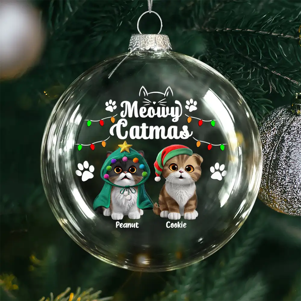 Meowy Catmas Funny 3D Effect Cats - Personalized Clear Flat Ball Ornament