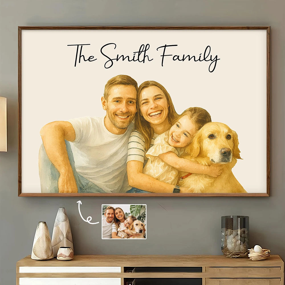 Custom Photo Realistic Watercolor Art Happy Family Parents Grandparents - Personalized Poster