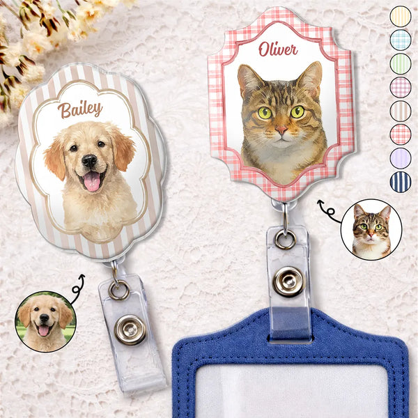 Happy,Dog Lovers,Pet Lovers,Cat Lovers,Nurse - Custom Photo Realistic Watercolor Art Watercolor Dog Cat Pet Portrait Vintage - Personalized Badge Reel