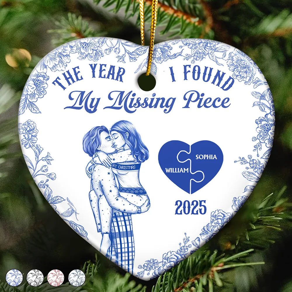 The Year I Found My Missing Piece Kissing Couples Toile - Personalized Heart Ceramic Ornament