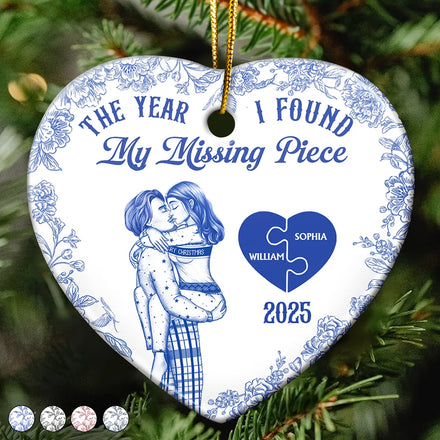 The Year I Found My Missing Piece Kissing Couples Toile - Personalized Heart Ceramic Ornament