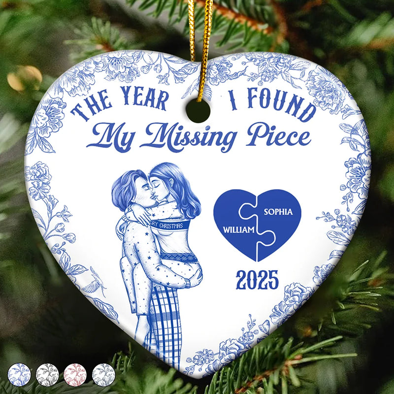 Christmas,Gift For Couples,Love,Gift For Husband,Gift For Boyfriend,Gift For Girlfriend,Gift For Wife - The Year I Found My Missing Piece Kissing Couples Toile - Personalized Heart Ceramic Ornament