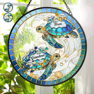 Summer,Gift For Grandma,Grandma - Grandkids,Beach,Happy - First Mom Now Grandma Stained Glass Turtle - Personalized Stained Glass Window Hanging Suncatcher