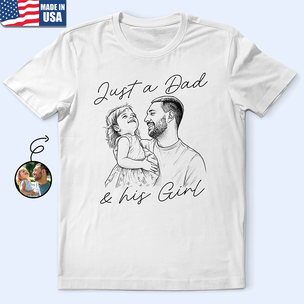 Custom Photo Pencil Sketch Just A Dad And His Girl Boy - Personalized T Shirt