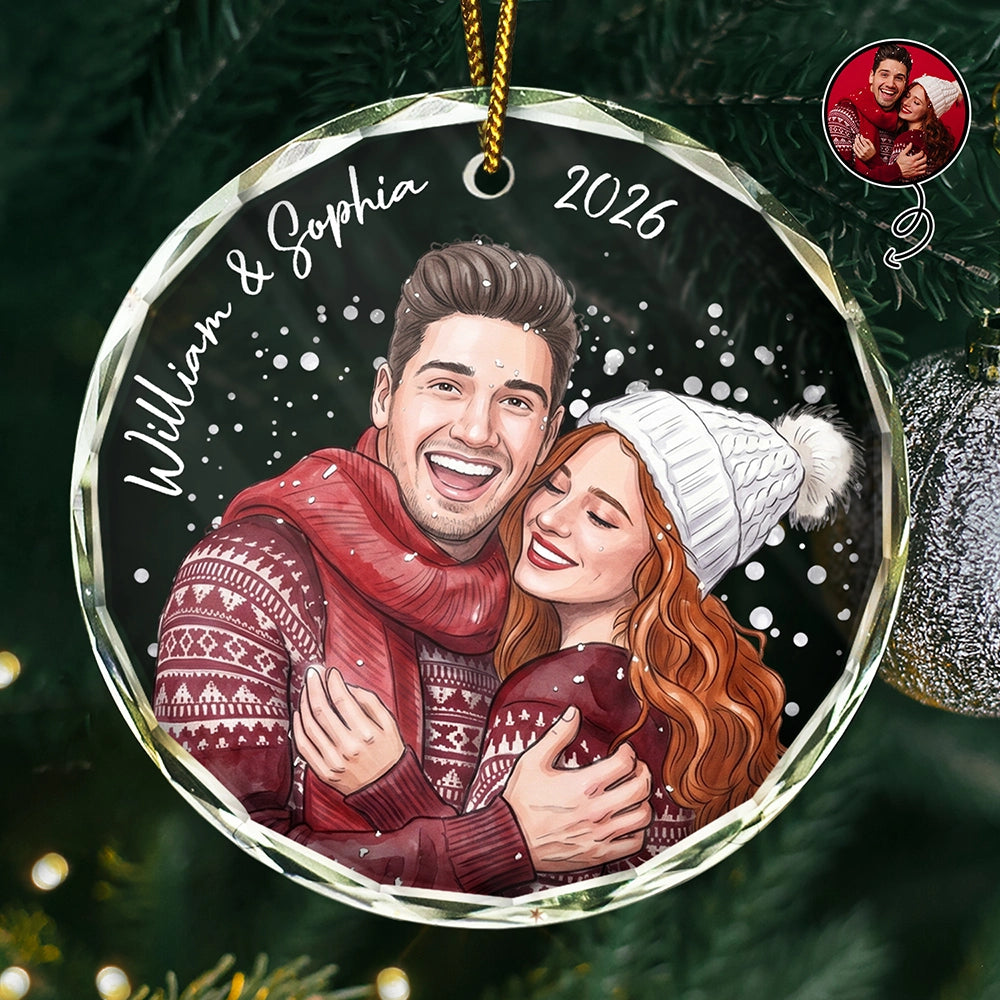 Custom Photo Vivid Watercolor Art Anniversary Loving Couple - Personalized Circle Glass Ornament