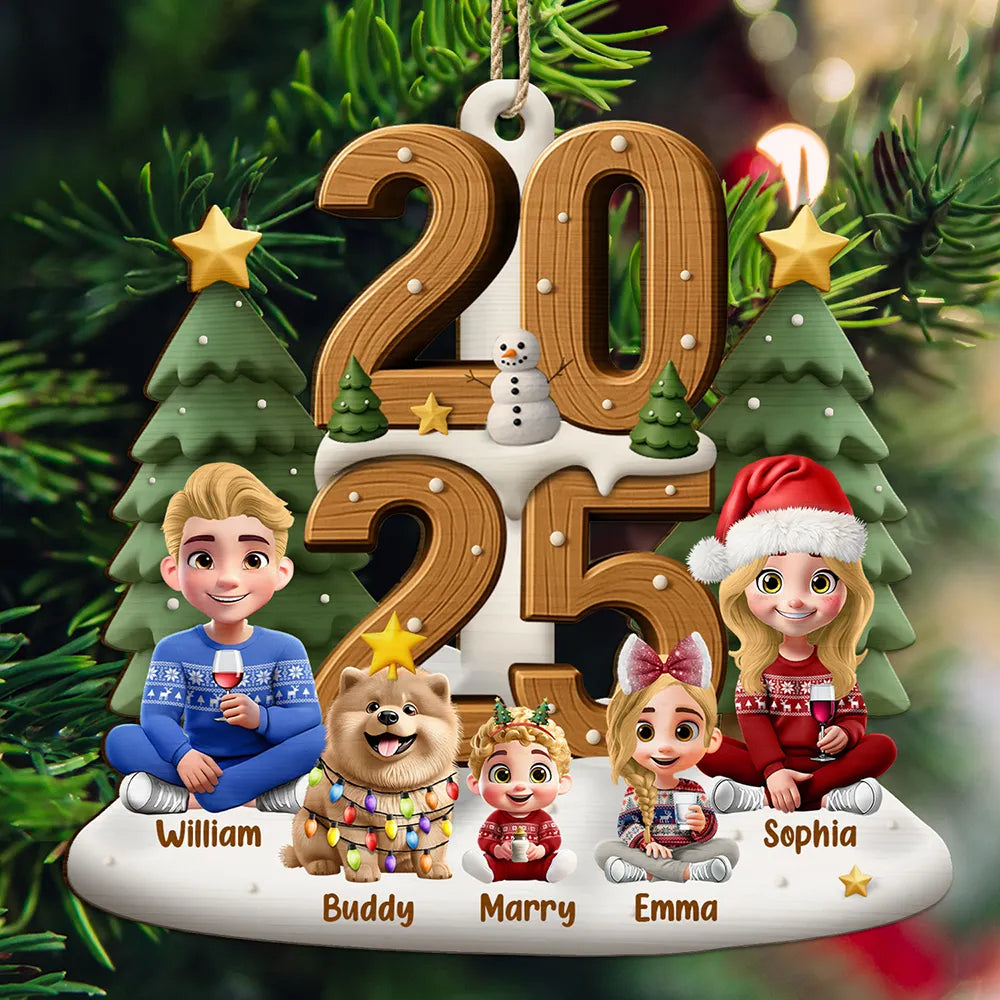 Family,Gift For Grandparents,Parents,Gift For Kids,Happy,Christmas,Non-Eng - 3D Effect Christmas Sitting Family - Personalized Custom Shaped Wooden Ornament