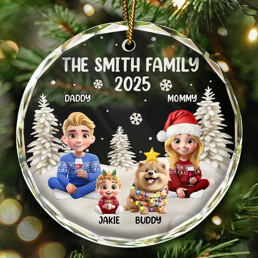 Family Kid Cat Dog - Personalized Circle Glass Ornament