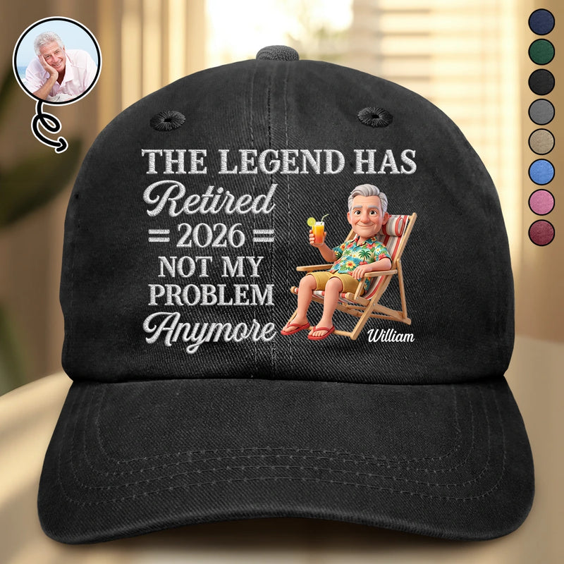 Custom Photo, Art Design, Summer, Retirement, Gift For Yourself, Humorous, Photo - Beach Chair 3D Effect - Custom Photo 3D Summer Concept The Legend Has Retired Not My Problem Anymore - Personalized Vintage Washed Denim Cap
