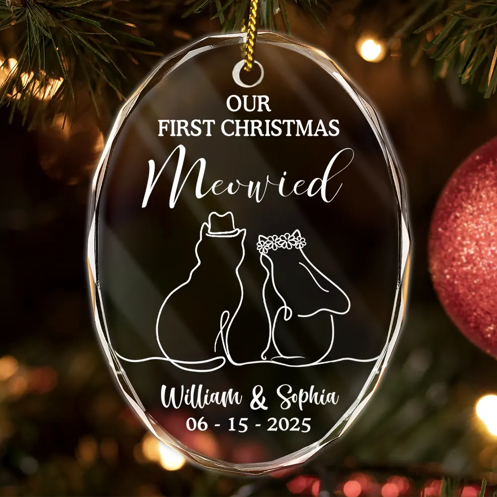 Cat Couple,Cat Lovers,Wedding Anniversary,Happy,Christmas - Our First Christmas Meowied Cat Lover Couple - Personalized Oval Glass Ornament