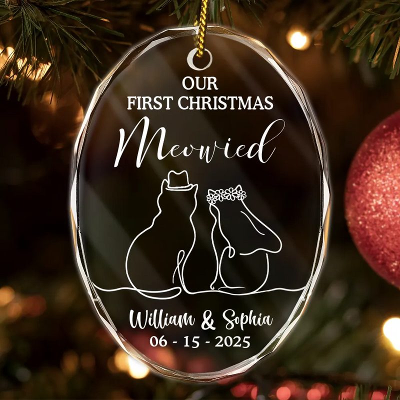 Cat Couple,Cat Lovers,Wedding Anniversary,Happy,Christmas - Our First Christmas Meowied Cat Lover Couple - Personalized Oval Glass Ornament