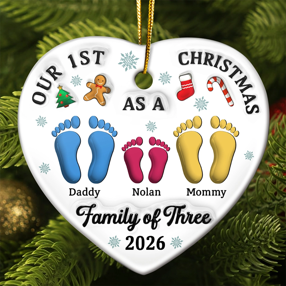 First Christmas As A Family Of Three Footprints 3D Effect - Personalized Heart Ceramic Ornament