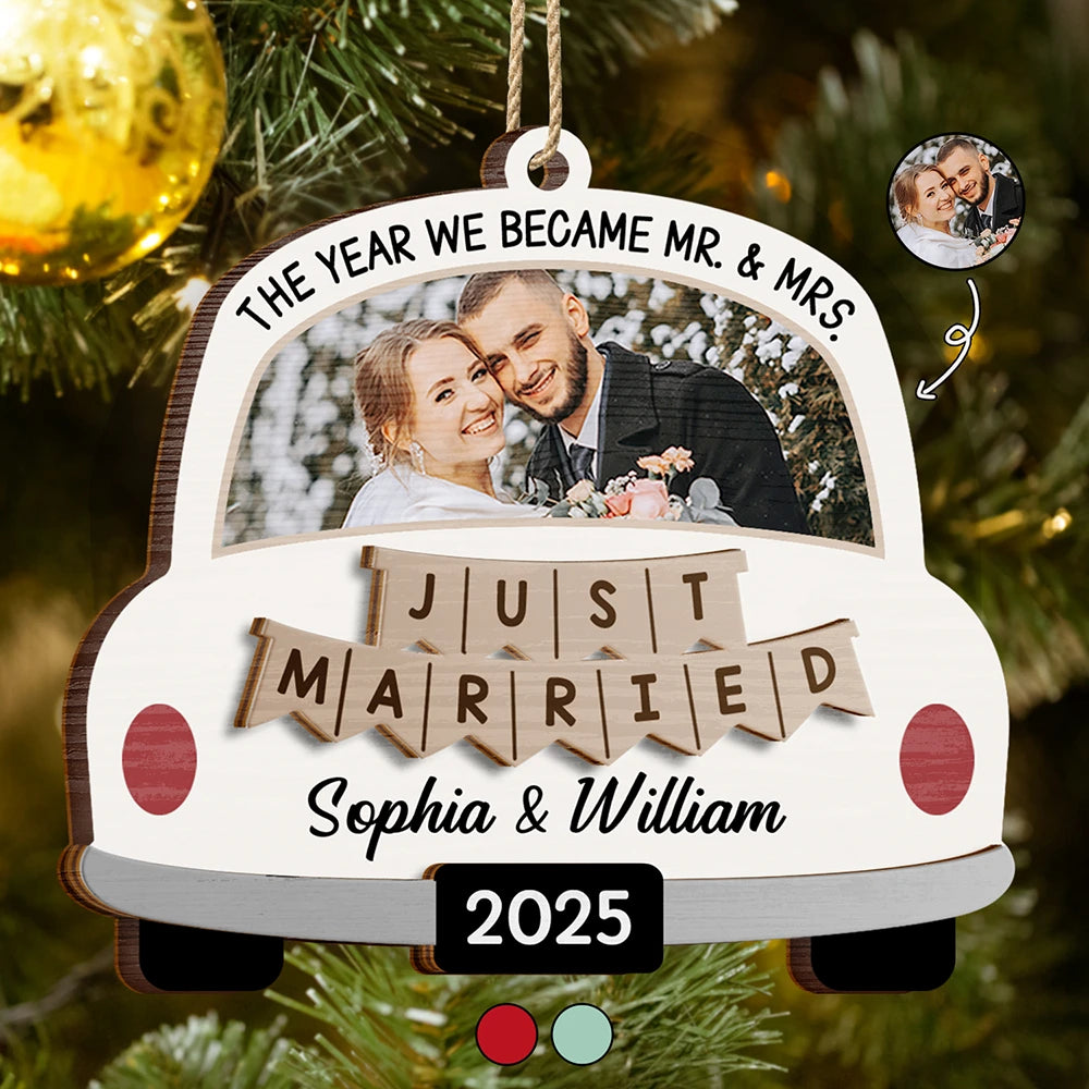 Custom Photo The Year We Became Mr & Mrs Wedding Car - Personalized 2-Layered Wooden Ornament