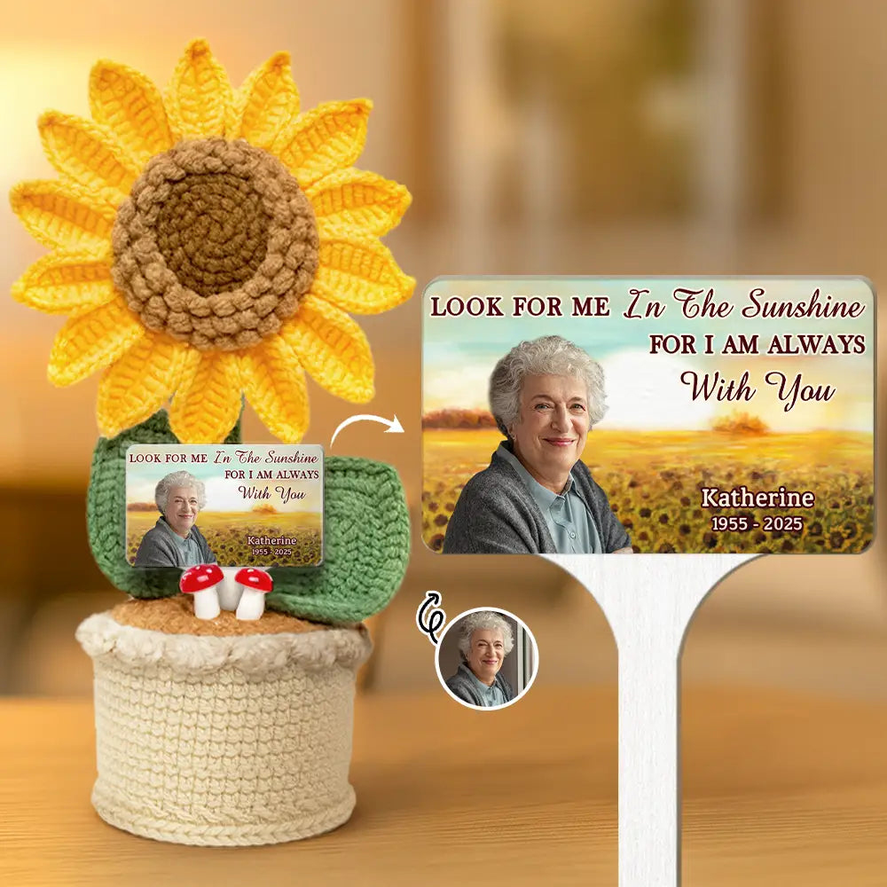 Custom Photo Memorial Look For Me In The Sunshine - Personalized Crochet Plant Pot