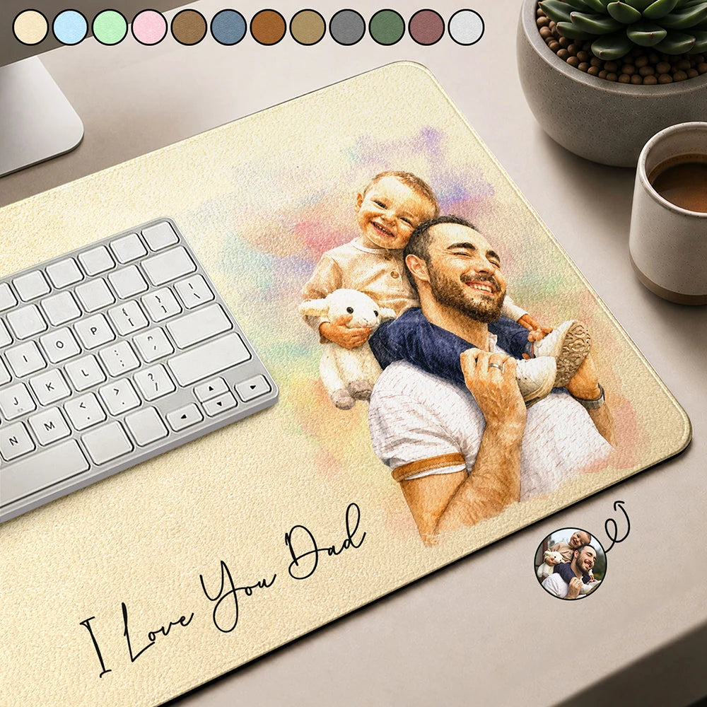 Custom Photo Realistic Watercolor Art I Love You Dad Grandpa - Personalized Leather Desk Mat
