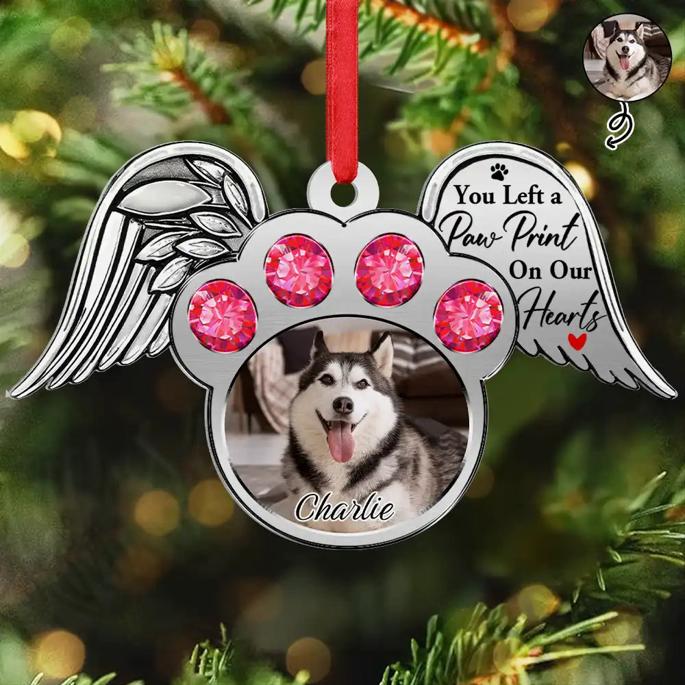 Pet Lovers,Custom Photo,Christmas,Sad - Custom Photo You Left A Paw Print On My Heart Printed Gemstones - Personalized Metal Ornament