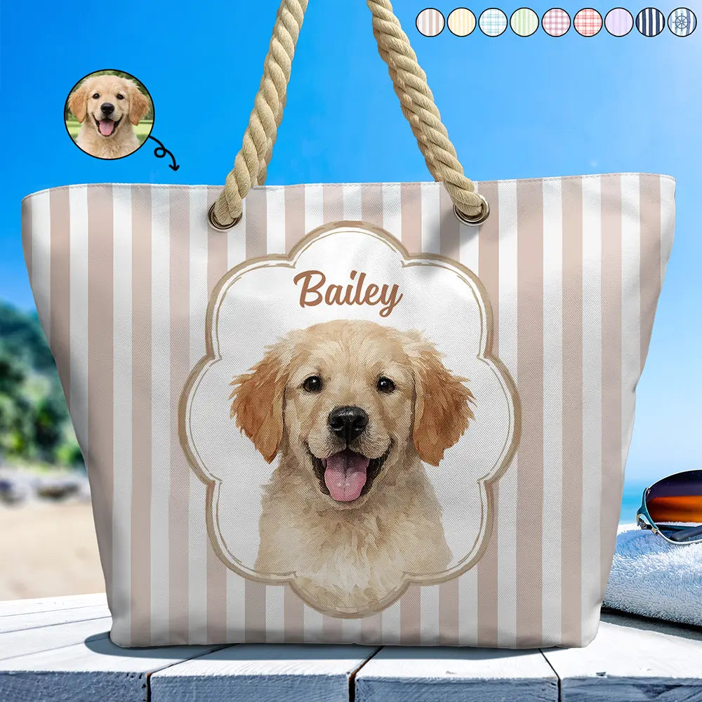 Custom Photo Realistic Watercolor Art Watercolor Dog Cat Pet Portrait Vintage - Personalized Beach Bag