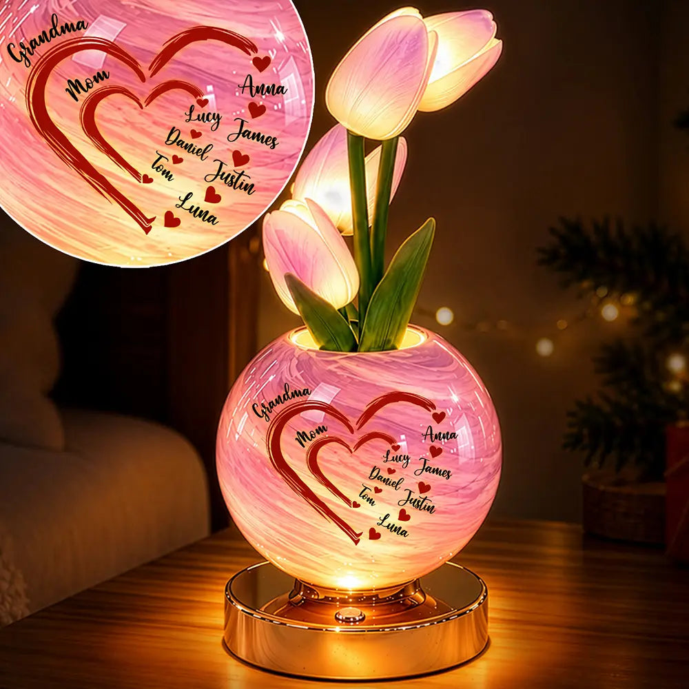 Bedside Christmas Home Decor Gift For Grandma, Mom - Personalized With Kid's Name Sweethearts Tulip LED Night Light