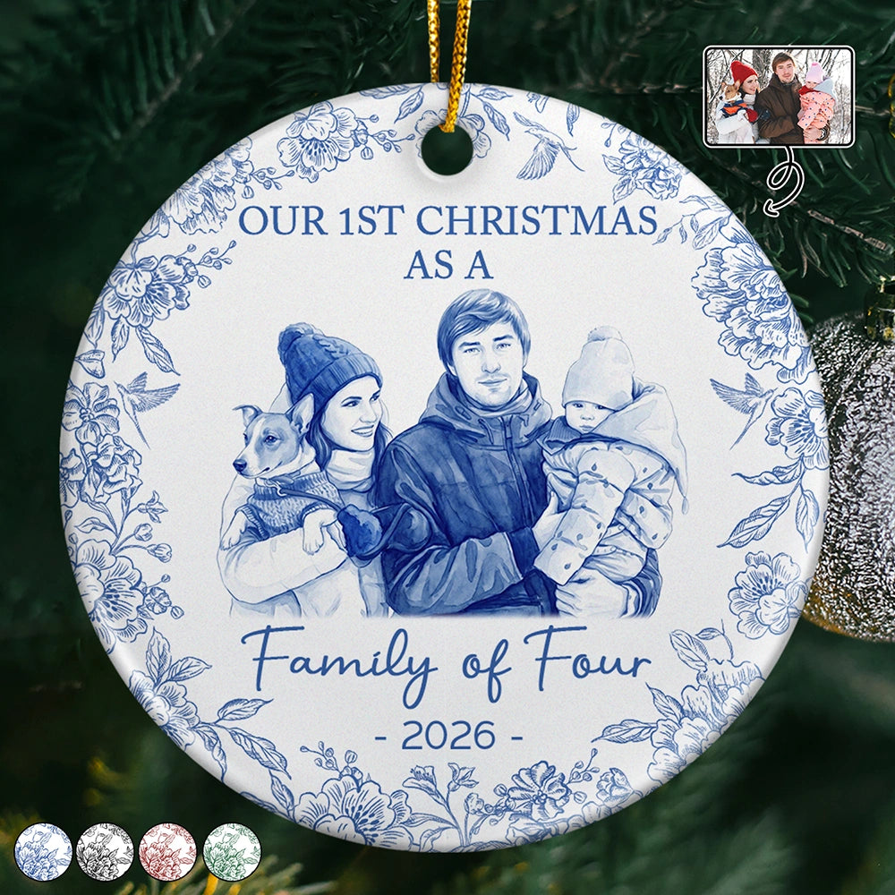 Custom Photo Single-Color Watercolor First Christmas As A Family Of Four - Personalized Circle Ceramic Ornament