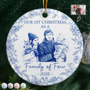 Art Design,Christmas,Family,Photo - Porcelain Art Style,Happy - Custom Photo Single-Color Watercolor First Christmas As A Family Of Four - Personalized Circle Ceramic Ornament