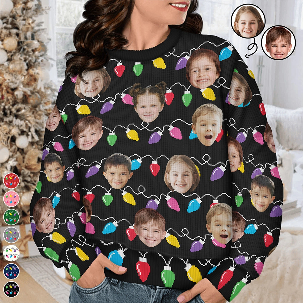 Family - Custom Photo Funny Kid Face Christmas Light - Personalized Unisex Ugly Sweater